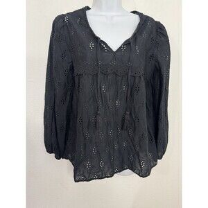 Style & Co Eyelet Tassel Balloon Long Sleeve Blouse Black Women’s Size M EUC